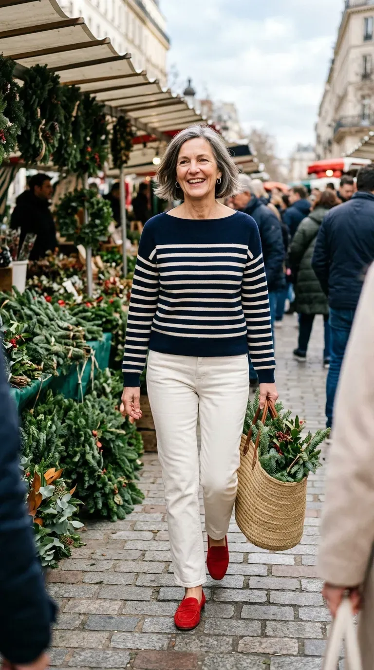 Woman over 50 in navy striped top and ivory jeans at a holiday farmers market