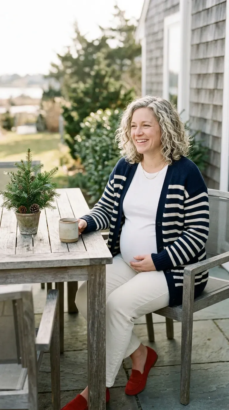 Pregnant woman in navy striped cardigan and ivory jeans at a sunny holiday lunch