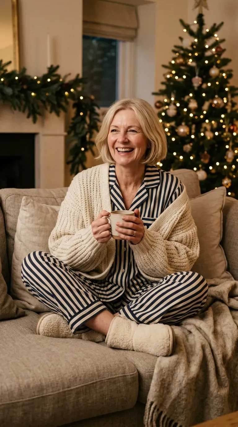 Woman over 50 in navy striped pajama set, cream cardigan and slipper boots for a movie night