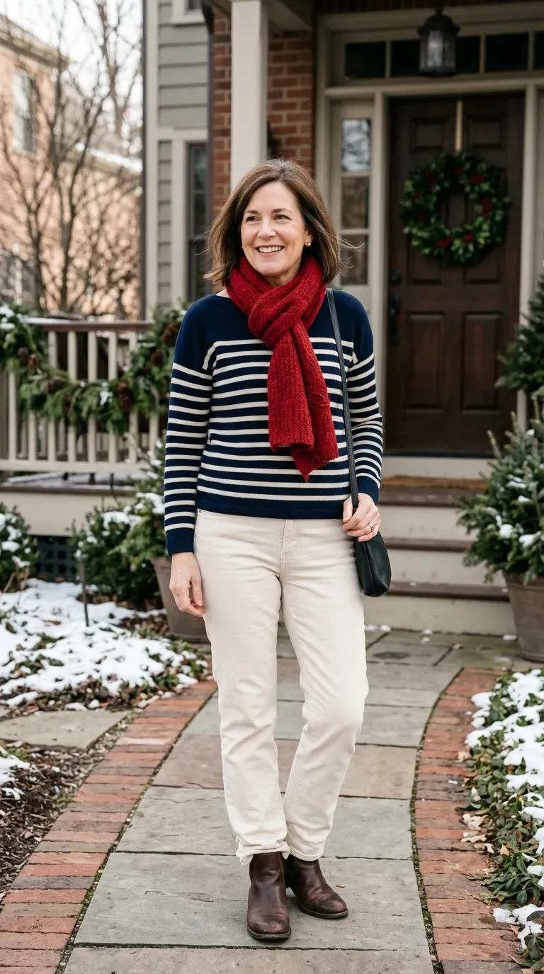 Woman over 50 in navy striped sweater, cream jeans and brown boots for a Christmas family photo