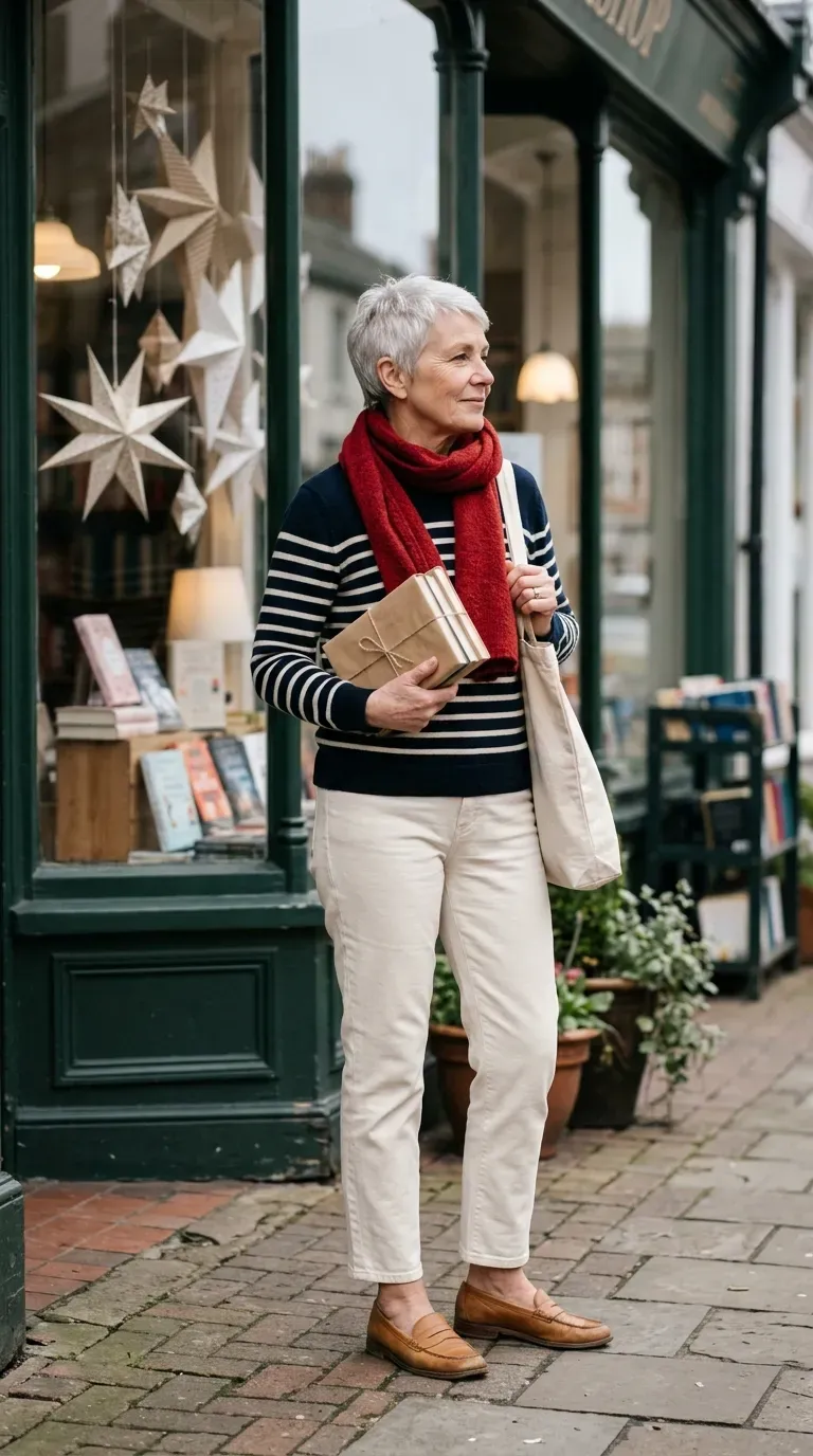 White woman in a navy striped sweater, cream jeans and red scarf outside a bookshop