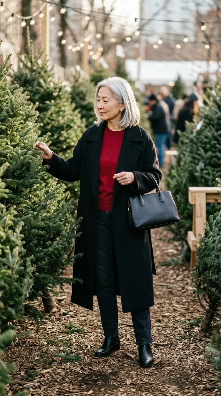 Woman over 50 in navy striped sweater, cream jeans and red scarf at a Christmas tree lot