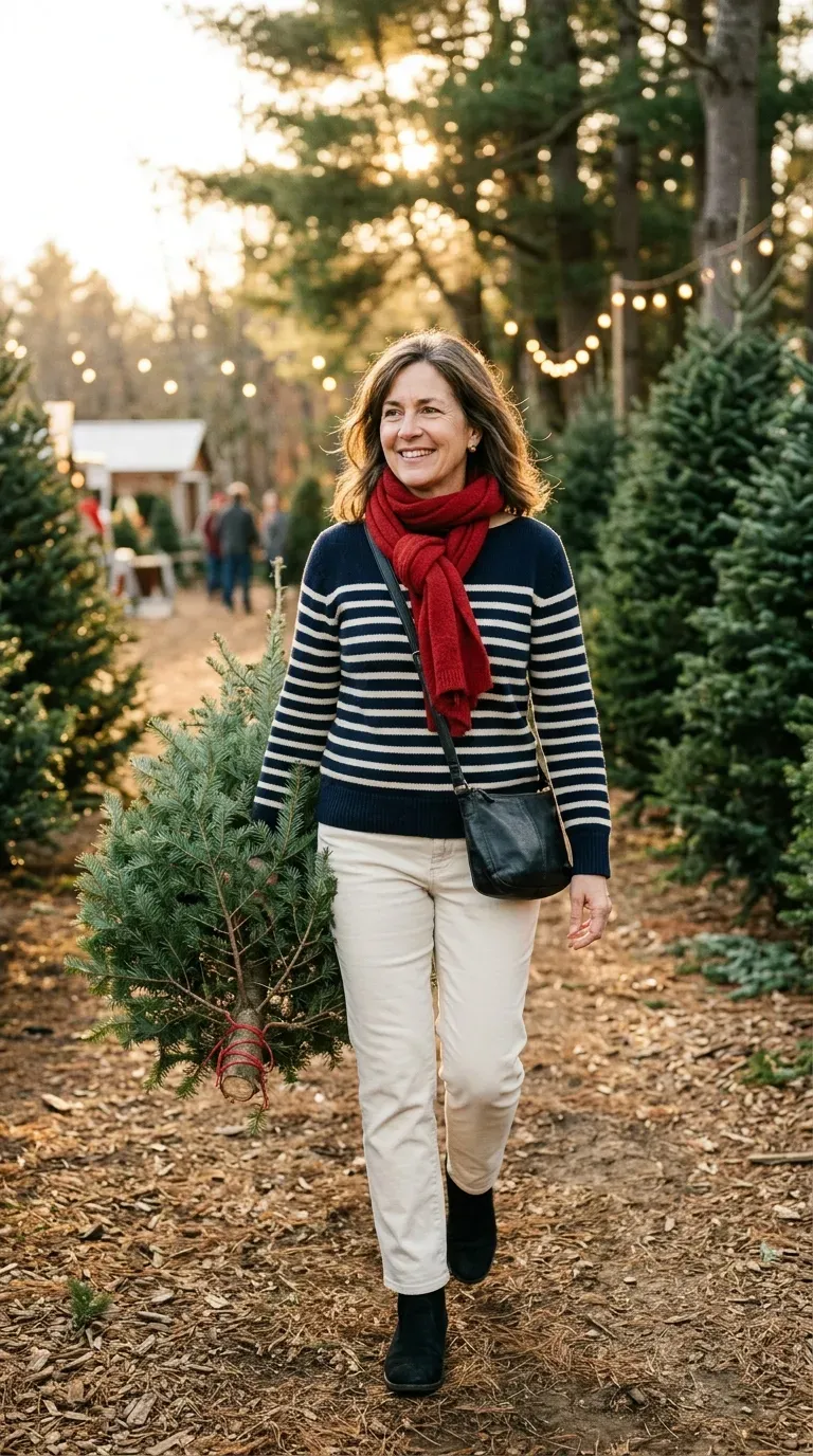 Woman over 50 in navy striped sweater and cream trousers carrying a small Christmas tree
