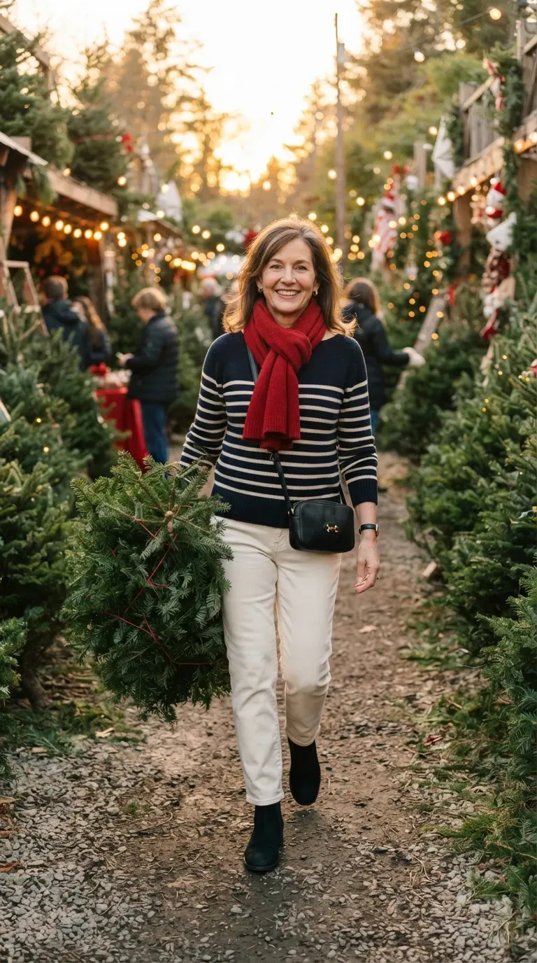Woman over 50 in navy striped sweater and cream trousers carrying a small Christmas tree