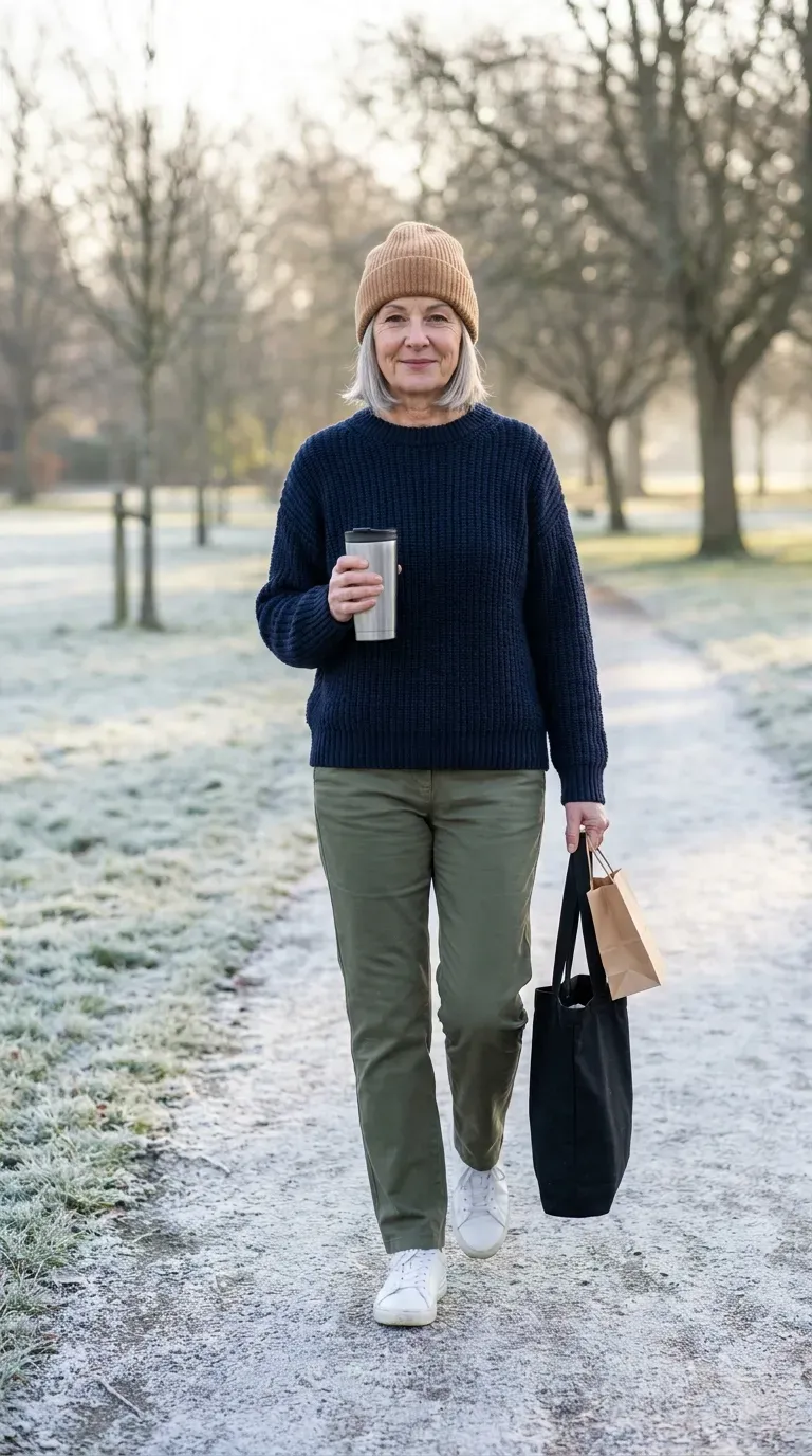 Woman in a navy sweater, olive trousers and white sneakers walking a frosty park path