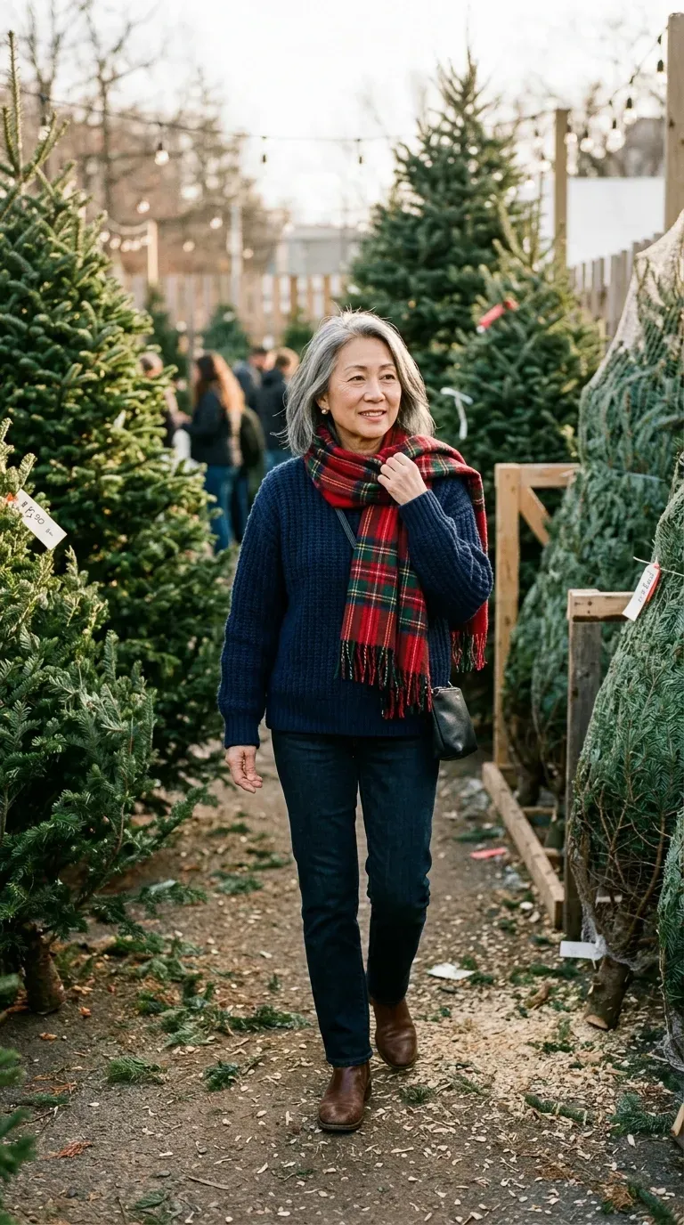 Woman over 50 in navy sweater, tartan scarf and dark jeans at a Christmas tree lot