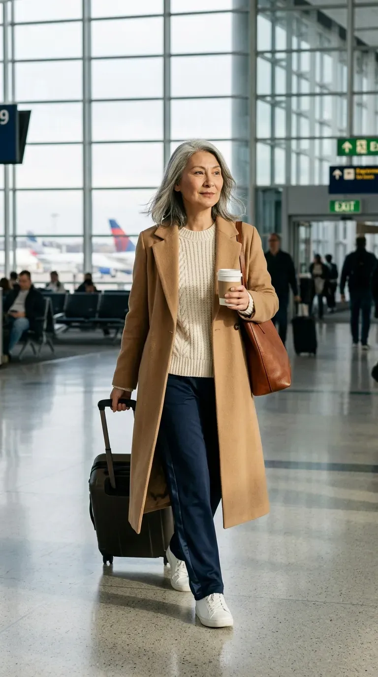 Asian woman in navy track pants, cream chunky sweater and sneakers at an airport terminal