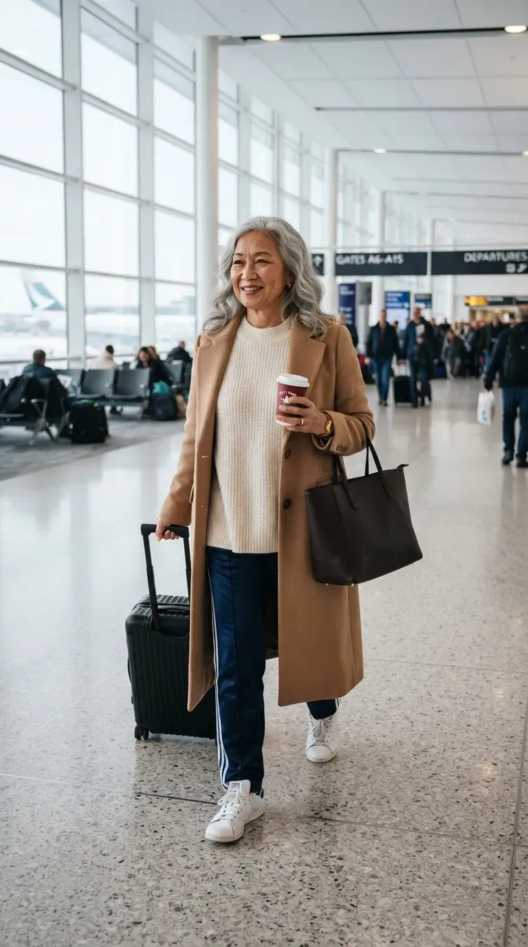 Asian plus-size woman in navy track pants, cream sweater and sneakers at an airport