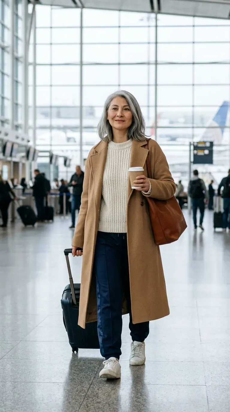 Asian woman in navy track pants, cream knit and white sneakers walking through an airport