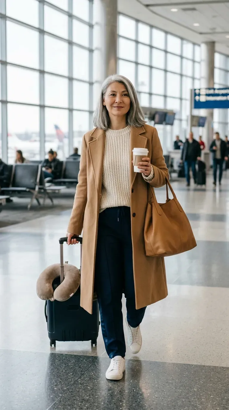 Woman in navy track pants, cream knit sweater and white sneakers at an airport terminal
