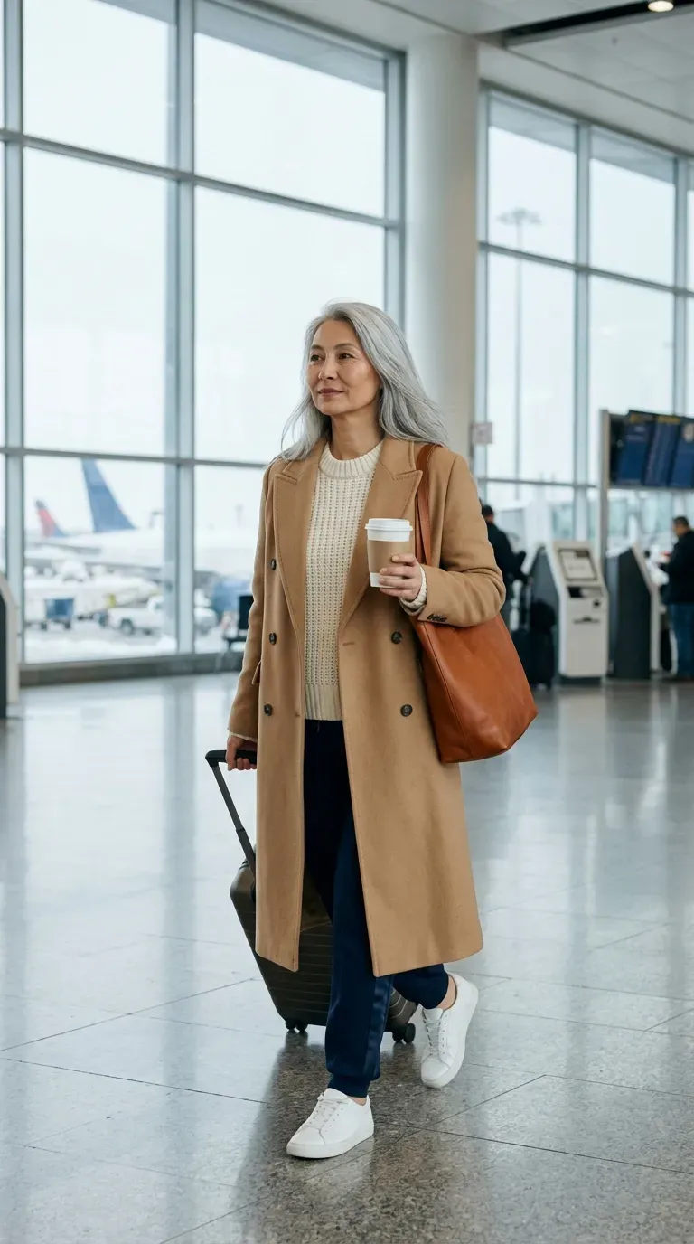 Woman in navy track pants, cream knit sweater and white sneakers at an airport terminal