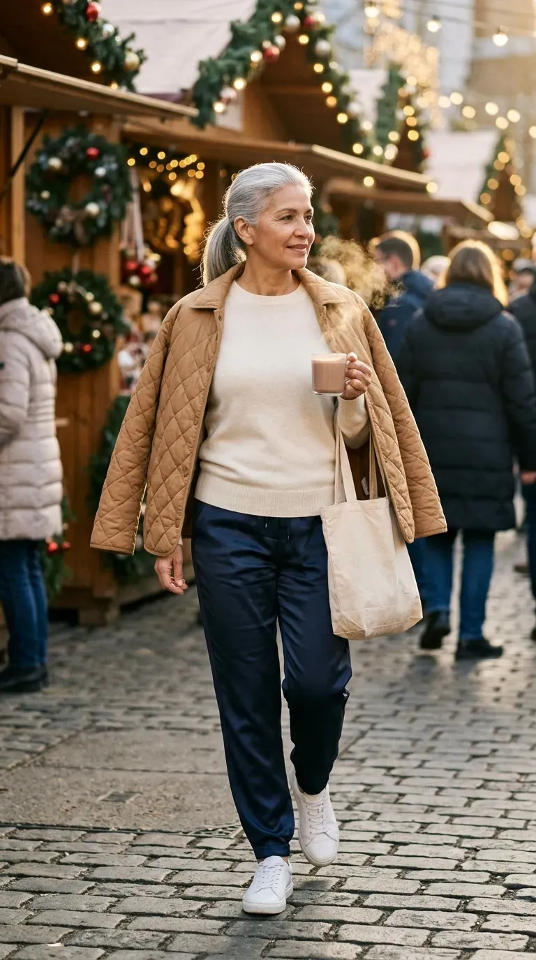 Woman over 50 in navy track pants, cream sweater and white sneakers at a Christmas market