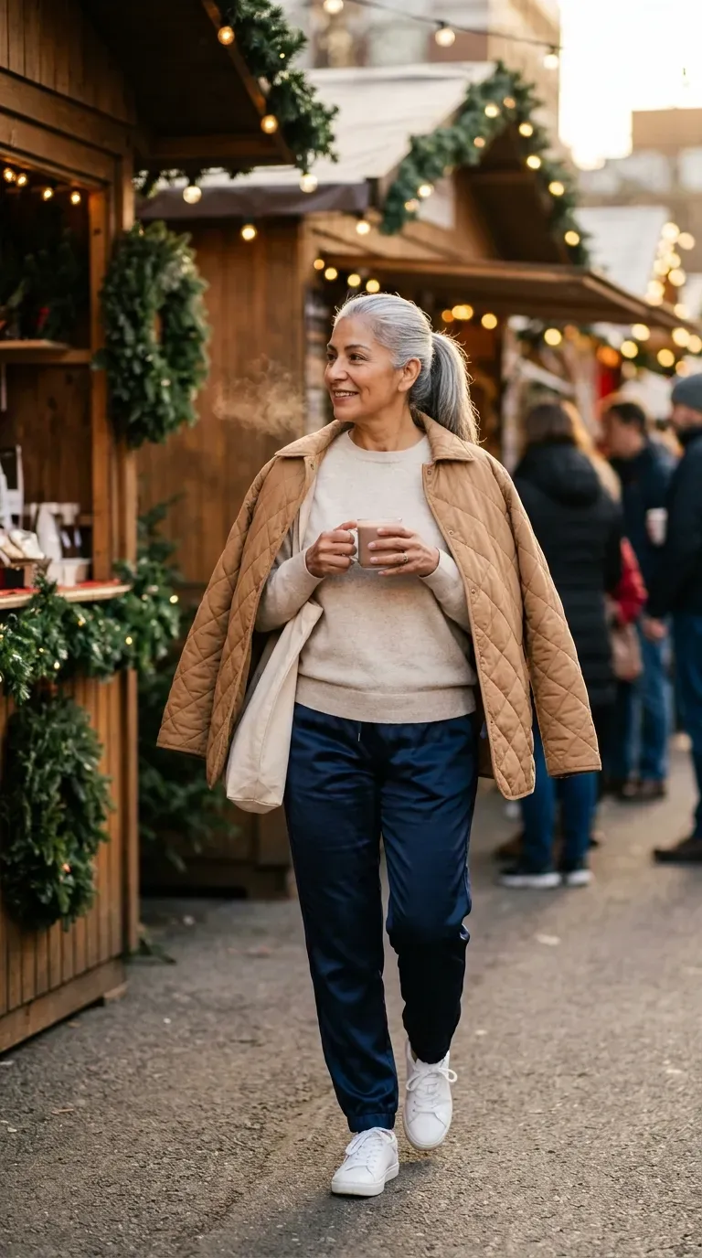 Woman over 50 in navy track pants, oatmeal sweatshirt and white sneakers at a market