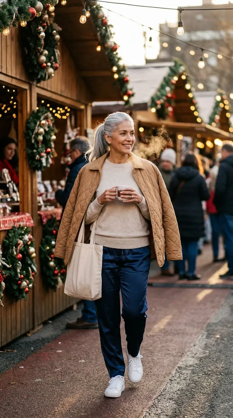 Woman over 50 in navy track pants, oatmeal sweatshirt and sneakers at a Christmas market