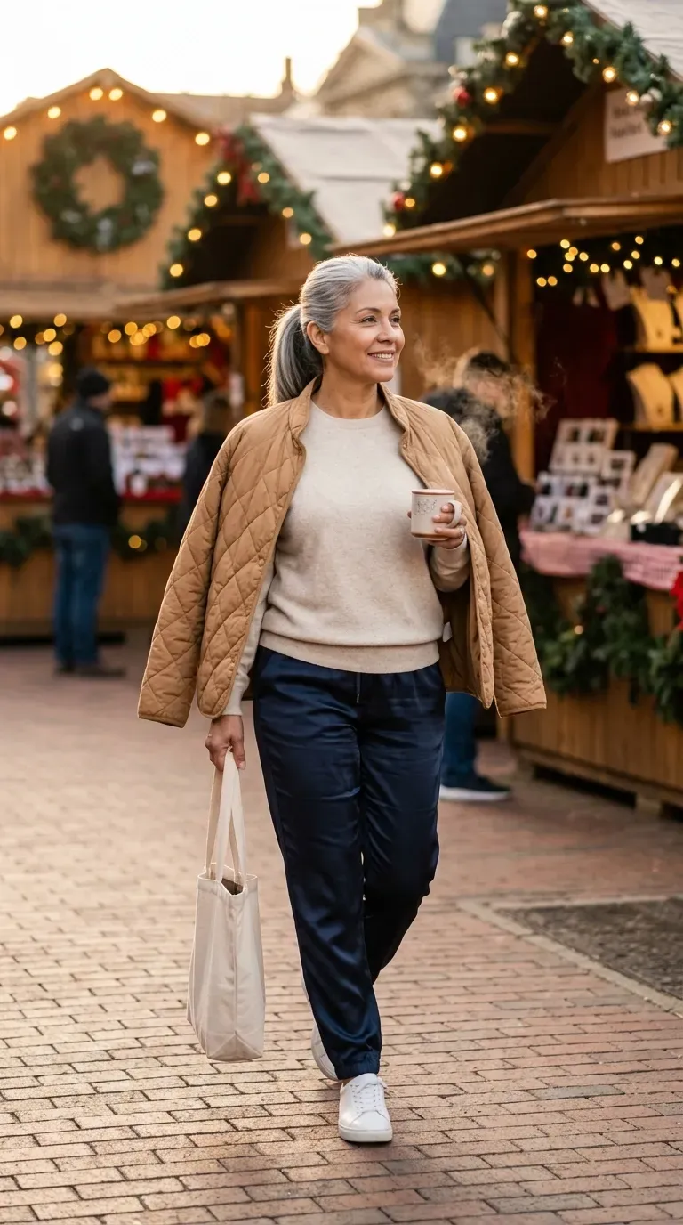 Woman over 50 in navy track pants, oatmeal sweatshirt and white sneakers at a Christmas market