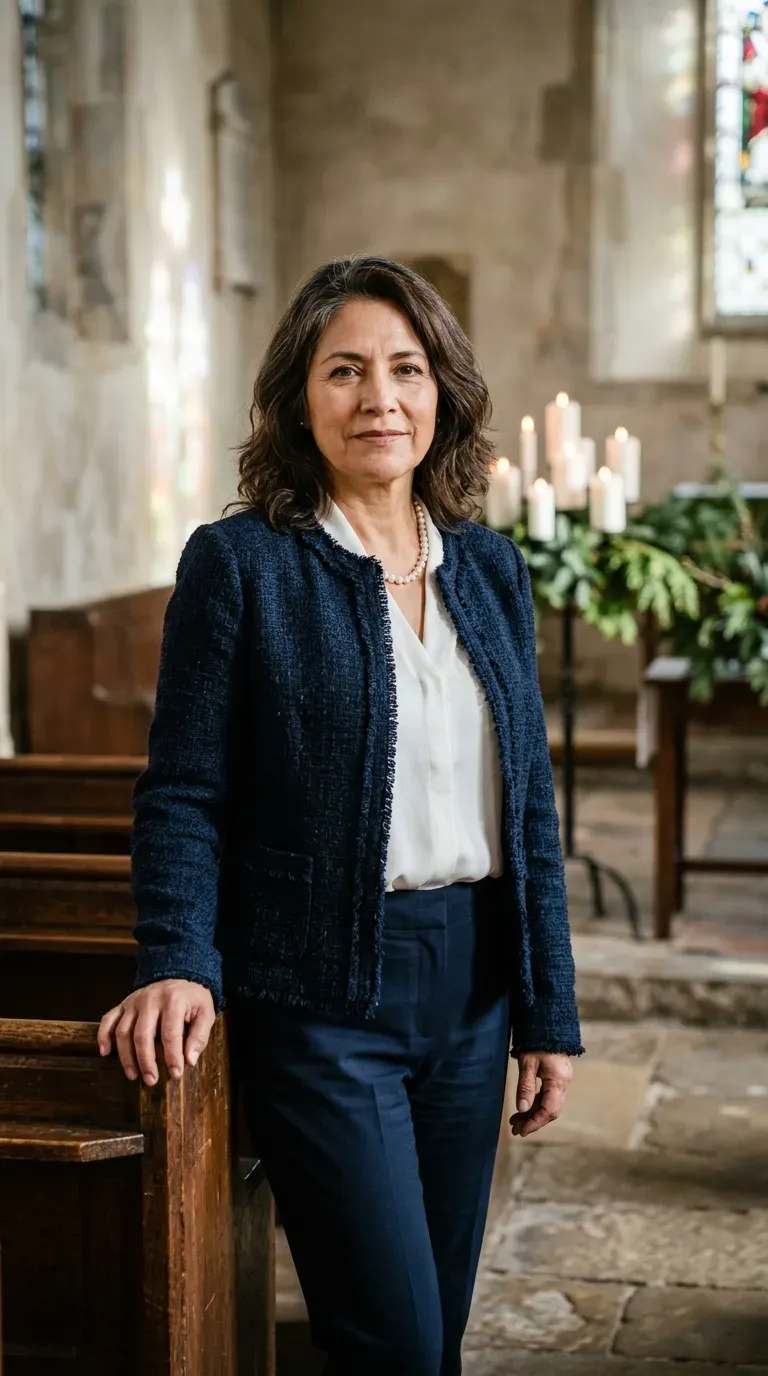 Woman over 50 in navy tweed jacket, white blouse and navy trousers at a church service