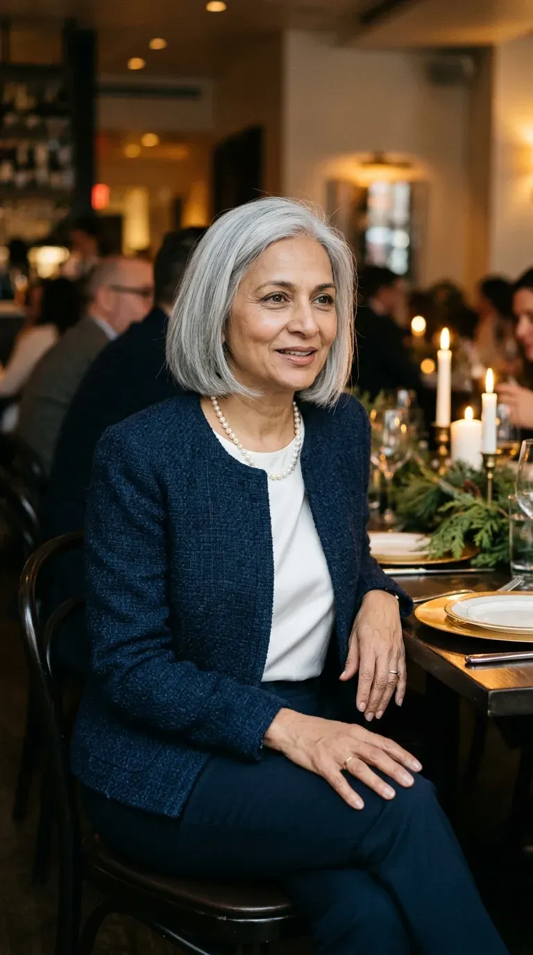 Woman over 50 in navy tweed jacket, white tee and navy trousers at a restaurant table