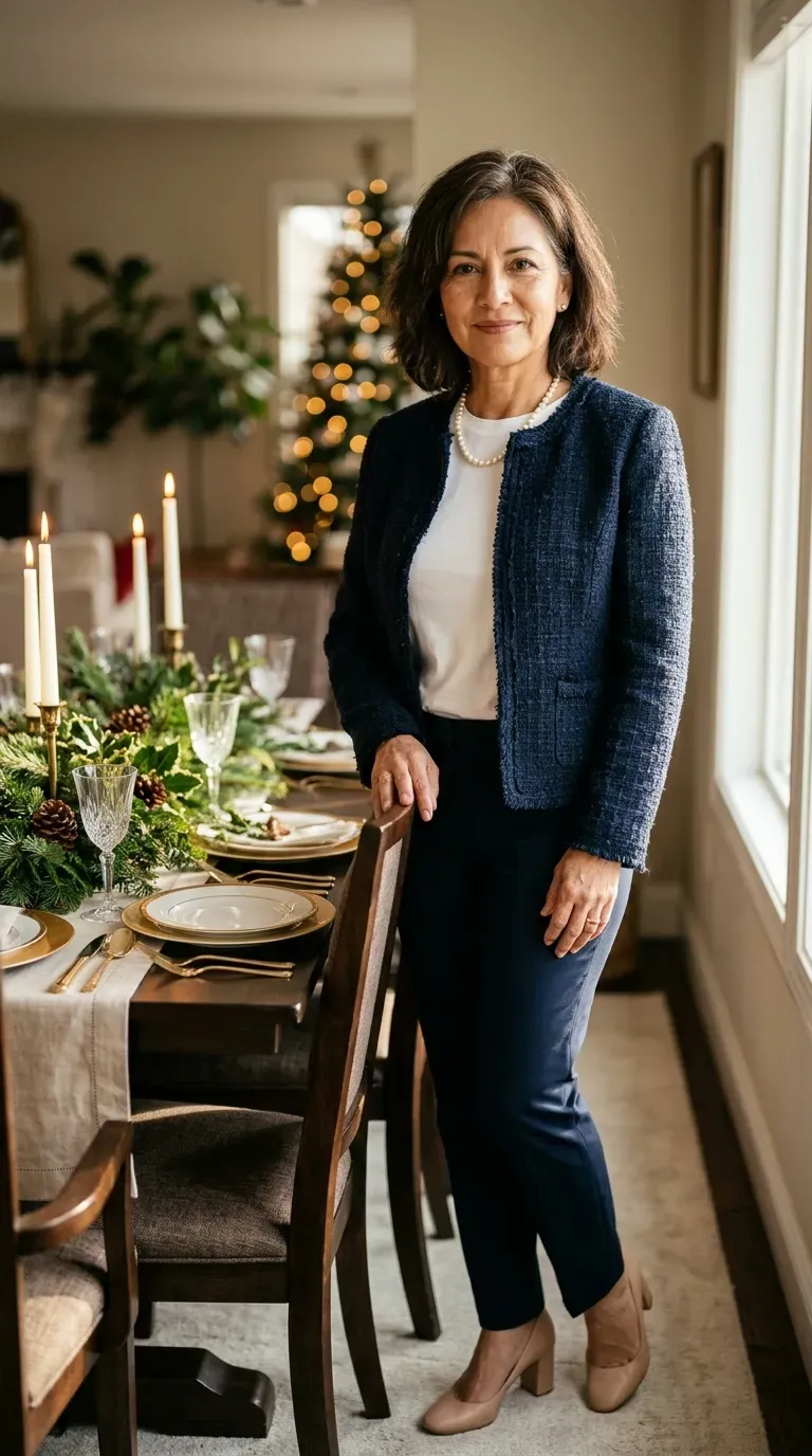 Woman over 50 in navy tweed jacket, white tee and navy trousers at a dinner table