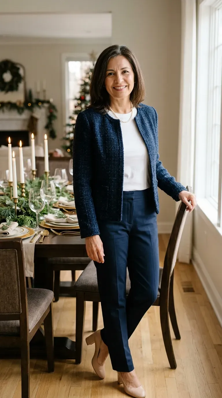 Woman over 50 in navy tweed jacket, white tee and navy trousers at a holiday supper