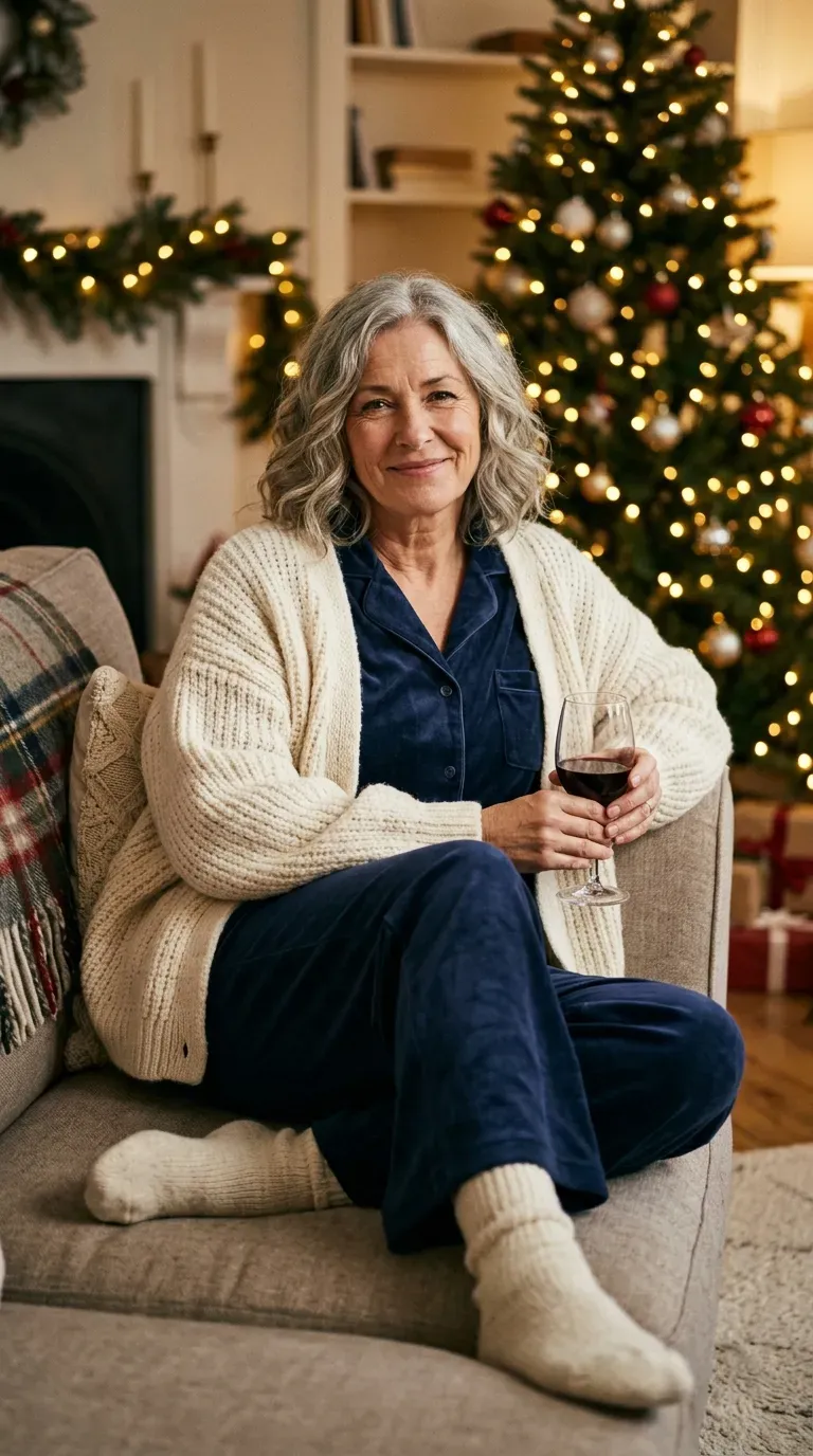 Woman over 50 in navy velour pajama set and cream knit cardigan for a Christmas movie night
