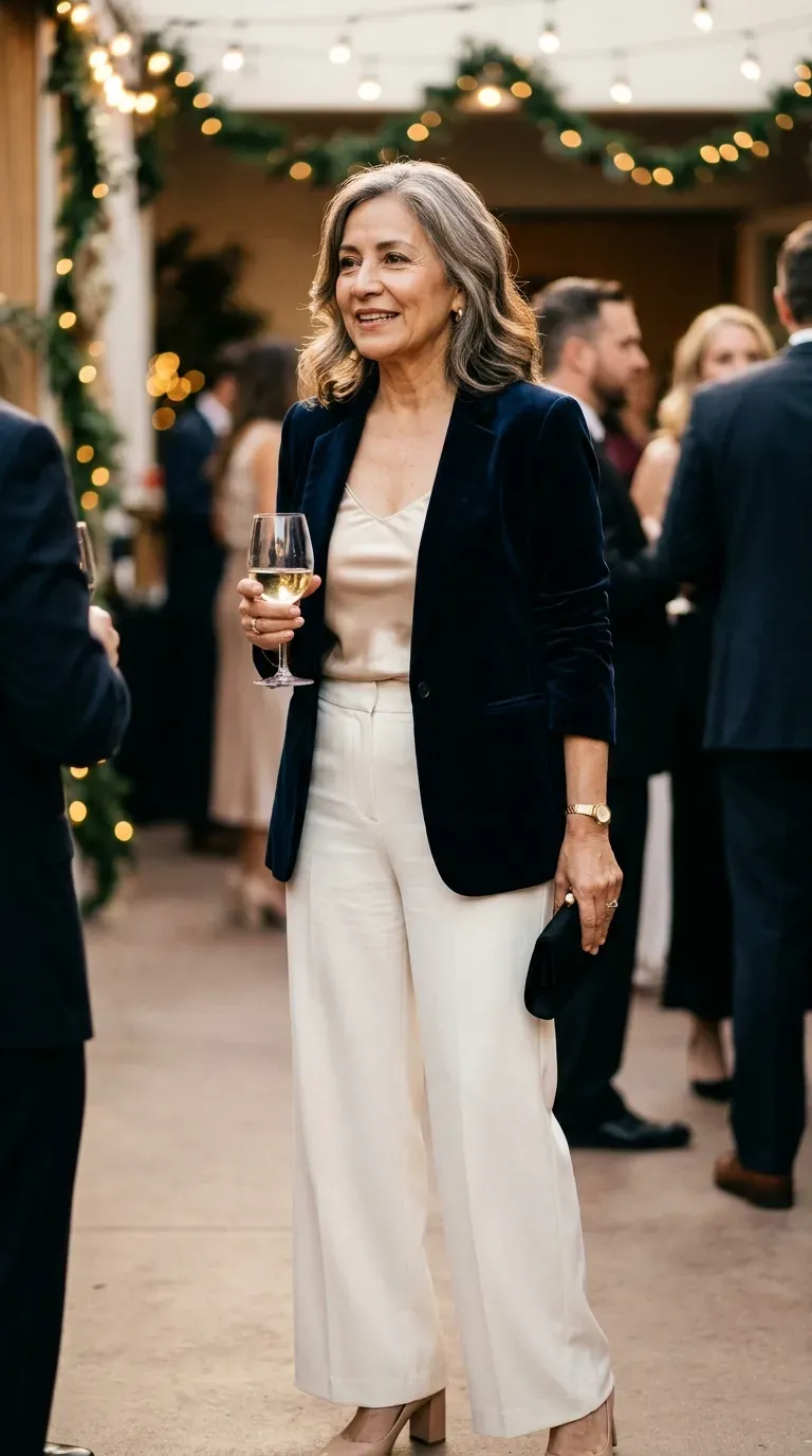 Woman over 50 in navy velvet blazer, champagne cami and wide-leg trousers at a party