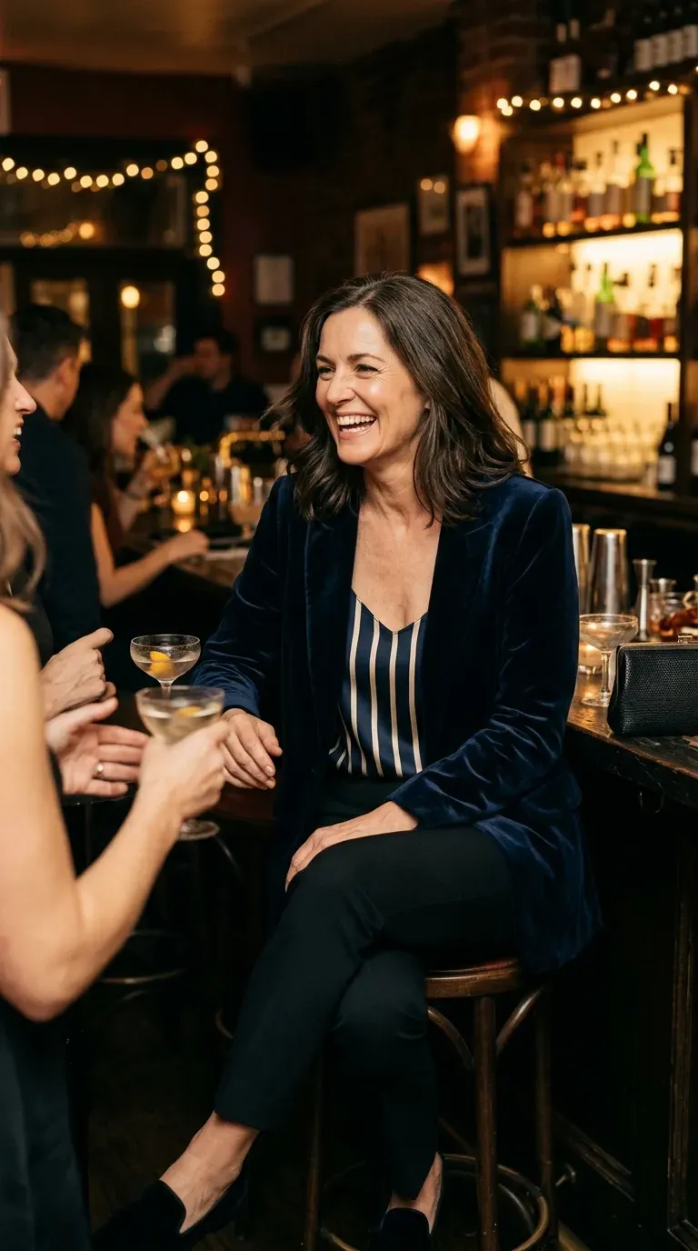 Woman over 50 in navy velvet blazer, striped silk cami and black trousers at a party