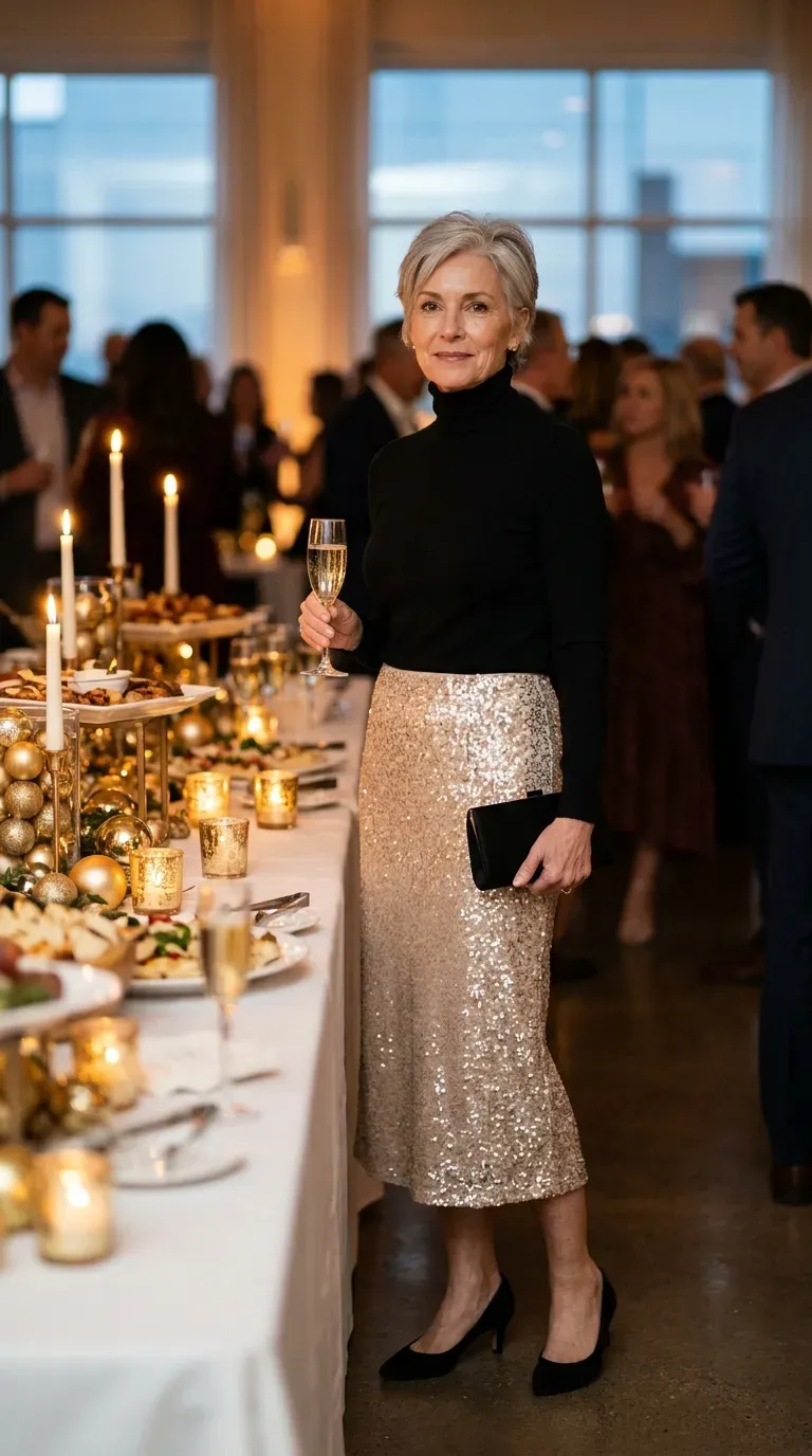 Black woman in a navy velvet blazer and white jeans at a holiday cocktail party