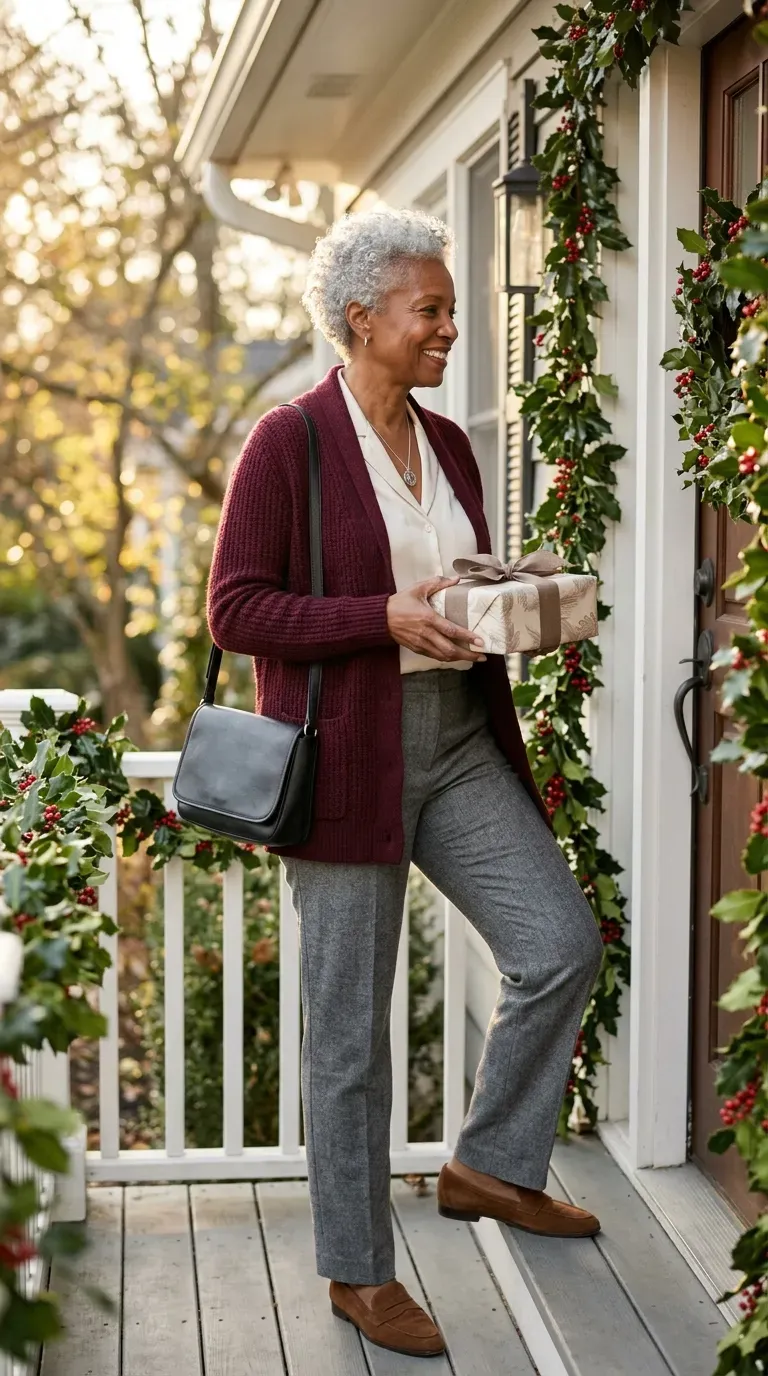 Woman over 50 in navy velvet blazer, white tee and dark jeans at a Christmas family gathering