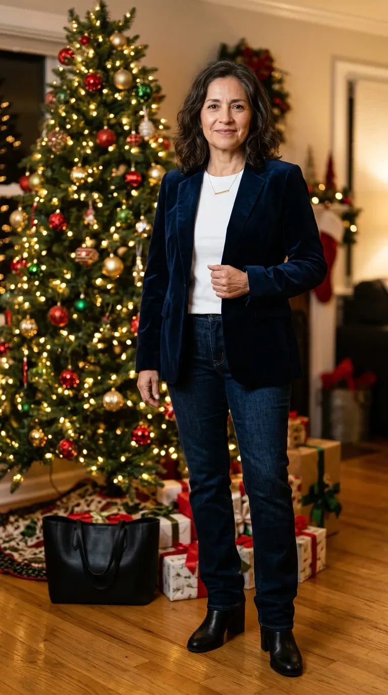 Woman over 50 in navy velvet blazer, white tee and dark jeans at a work party