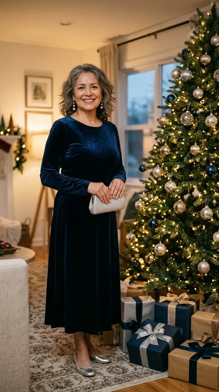 Latina woman in a navy velvet midi dress and silver flats beside a decorated Christmas tree