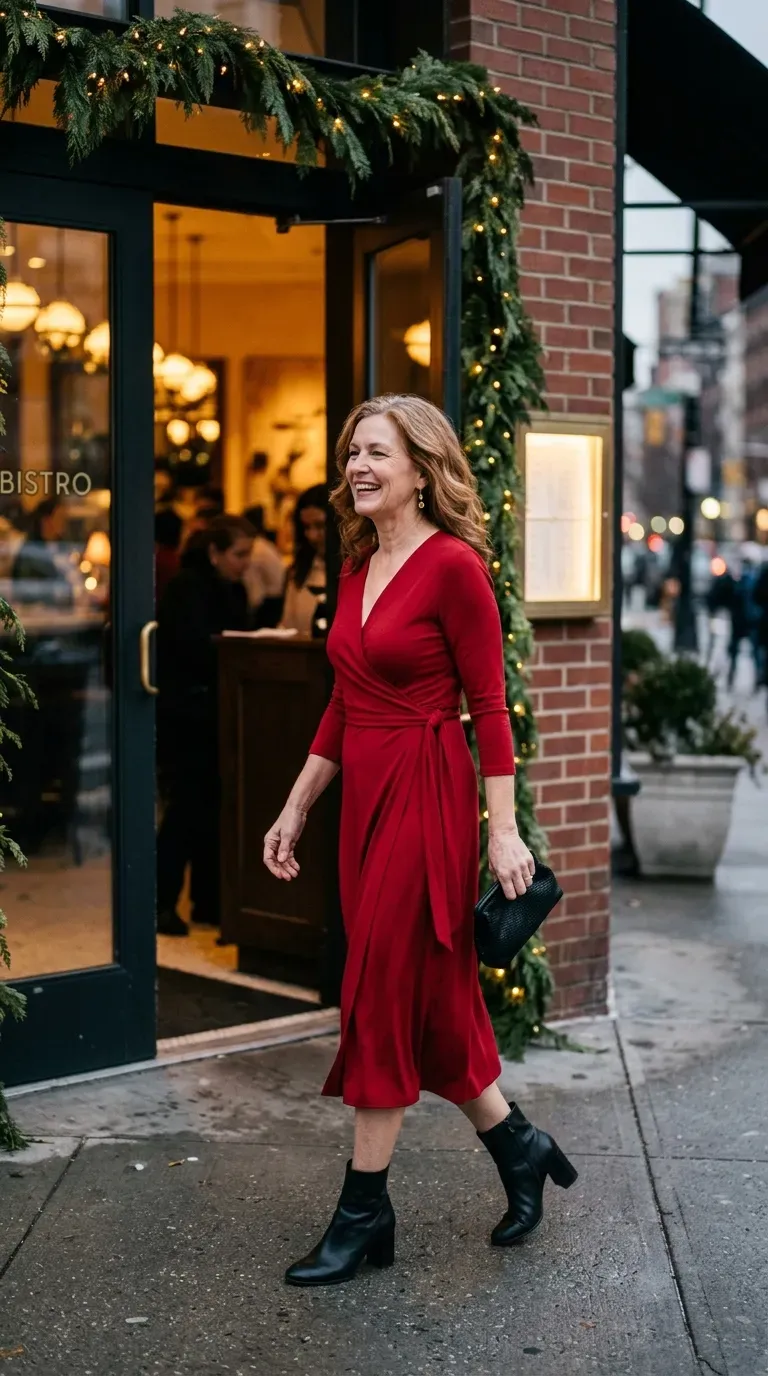 Woman over 50 in navy velvet midi dress and gold earrings at a Christmas date dinner