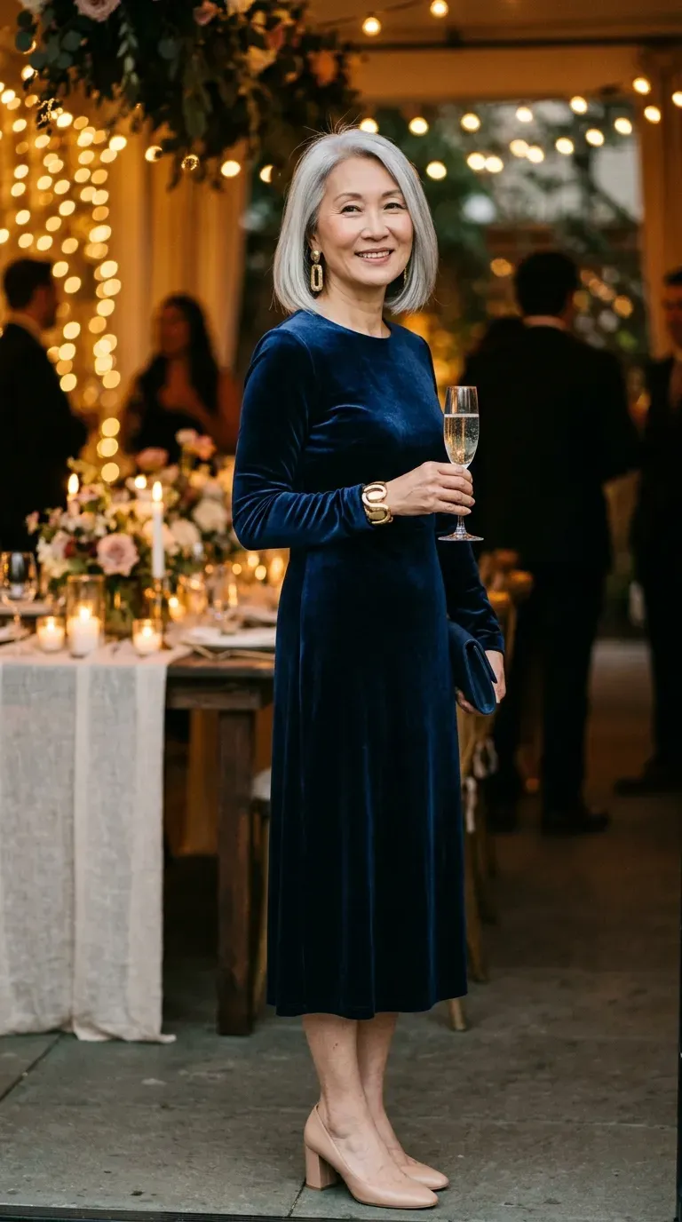 Woman over 50 in navy velvet midi dress and gold earrings at a party