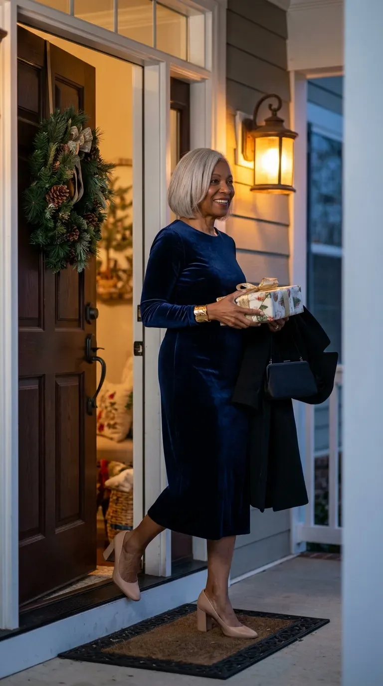 Woman over 50 in navy velvet midi dress and nude pumps stepping into a Christmas dinner