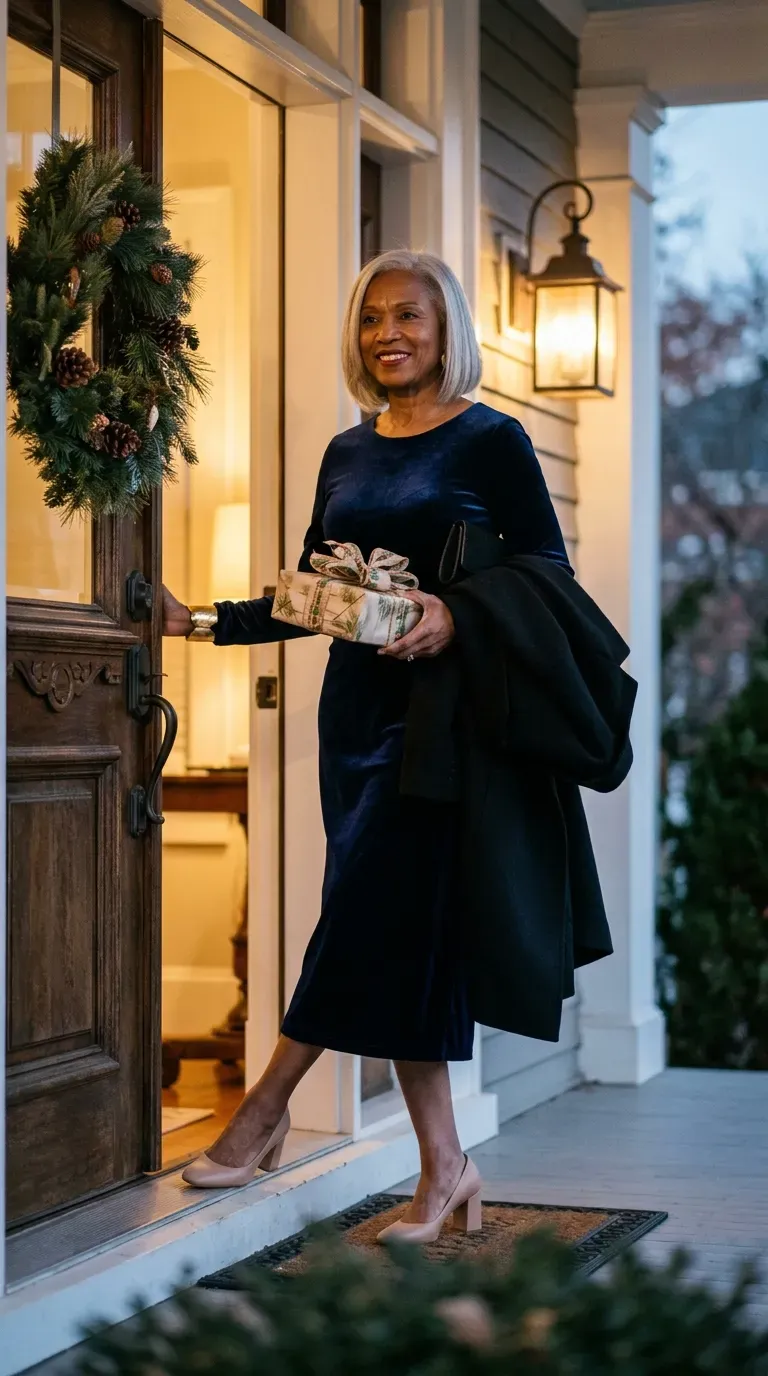Woman over 50 in navy velvet midi dress and nude pumps stepping into a Christmas dinner