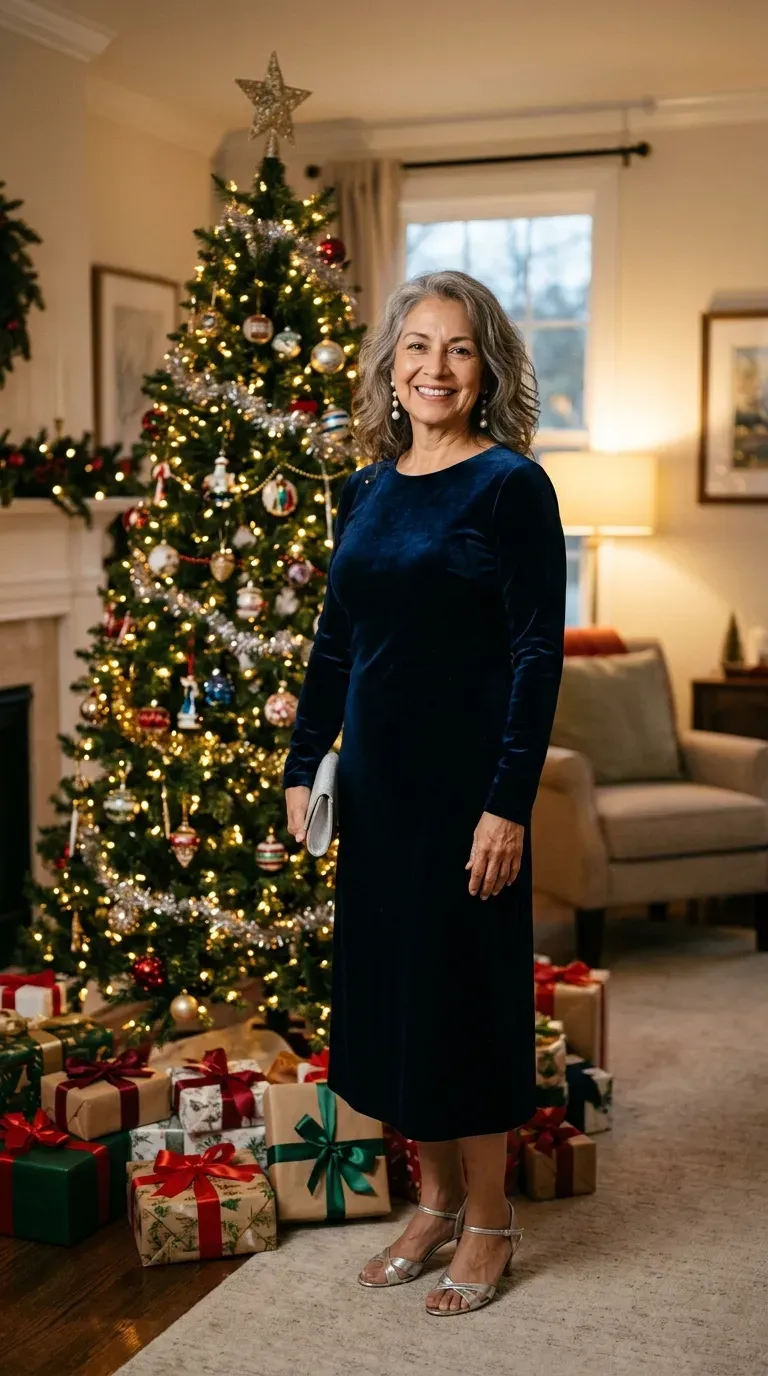 Latina woman in a navy velvet midi dress and silver heels beside a decorated Christmas tree
