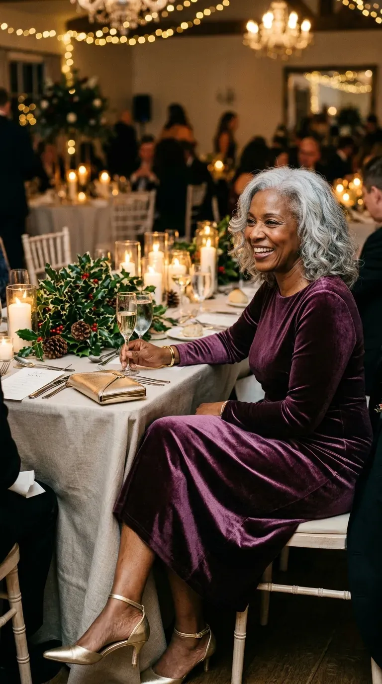 Woman over 50 in navy velvet midi dress and silver kitten heels at a winter wedding