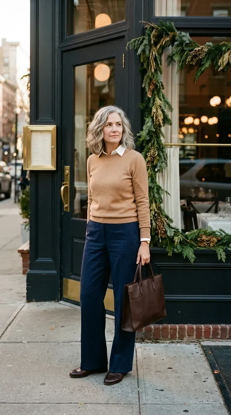 Woman over 50 in navy wide-leg trousers and camel knit near a restaurant