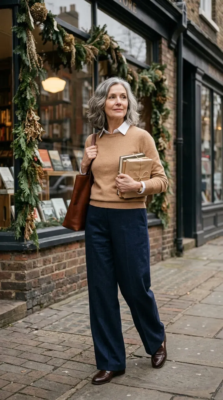 Woman over 50 in navy wide-leg trousers and camel knit near a bookstore window