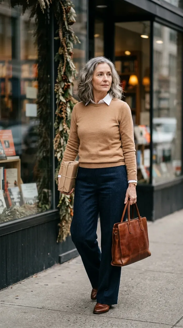Woman over 50 in navy wide-leg trousers and camel knit near a bookstore window