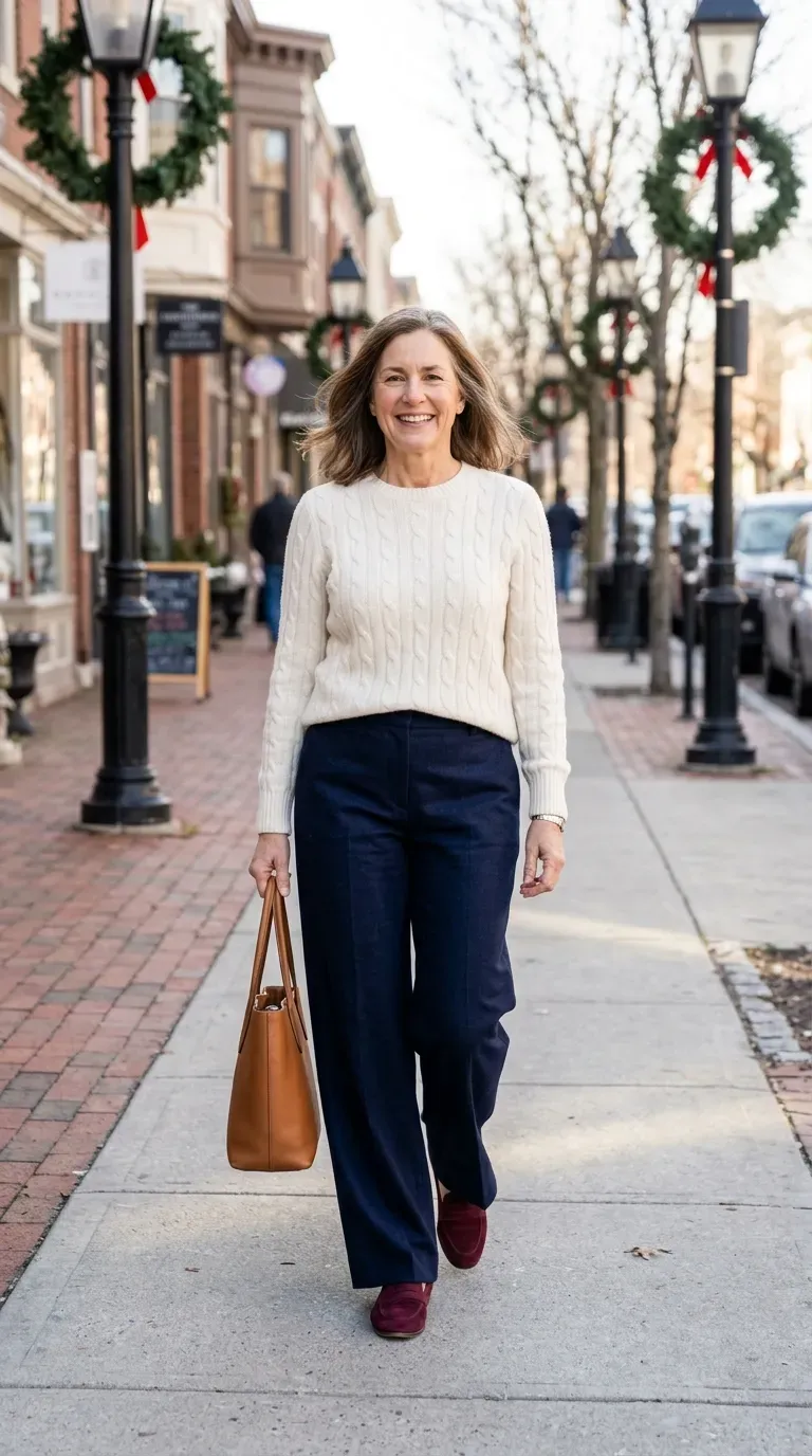 Woman over 50 in navy wide-leg trousers and ivory cable sweater on a sunny winter sidewalk