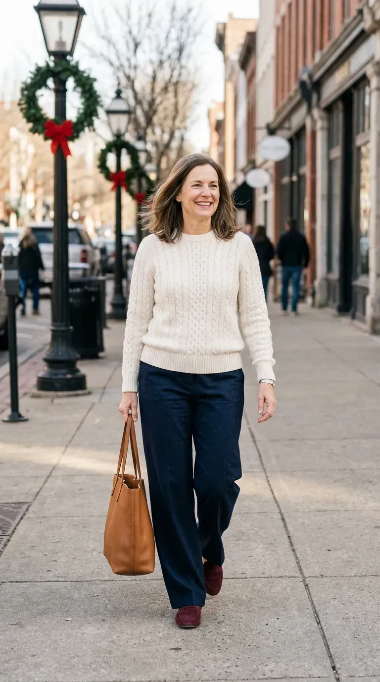 Woman over 50 in navy wide-leg trousers and ivory cable sweater on a sunny winter sidewalk