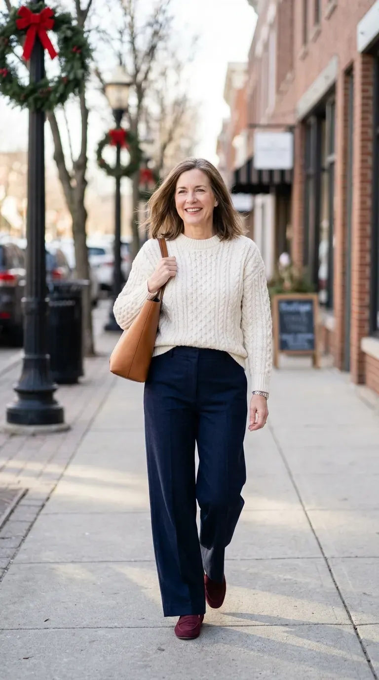 Woman over 50 in navy wide-leg trousers and ivory cable sweater on a sunny winter sidewalk