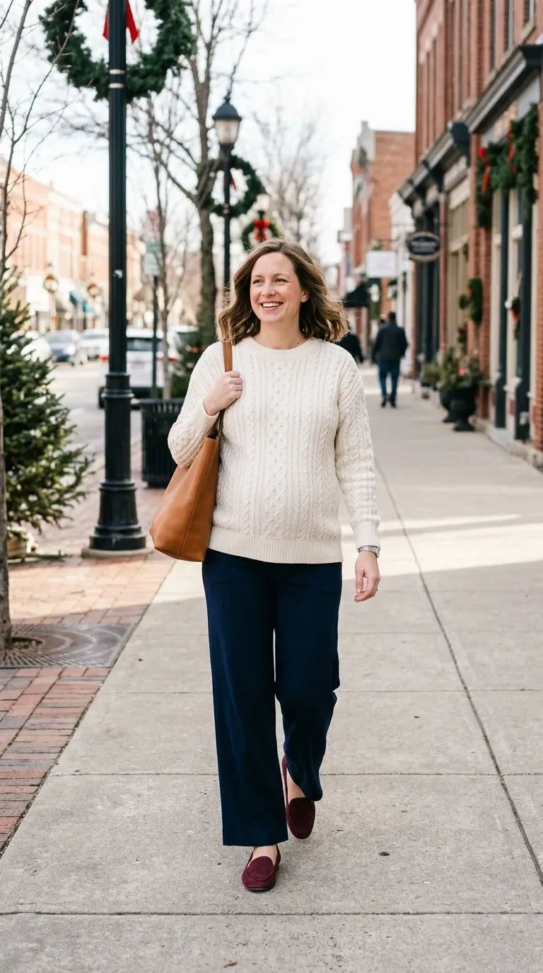 Pregnant woman in navy wide-leg trousers and ivory cable sweater on a sunny winter sidewalk