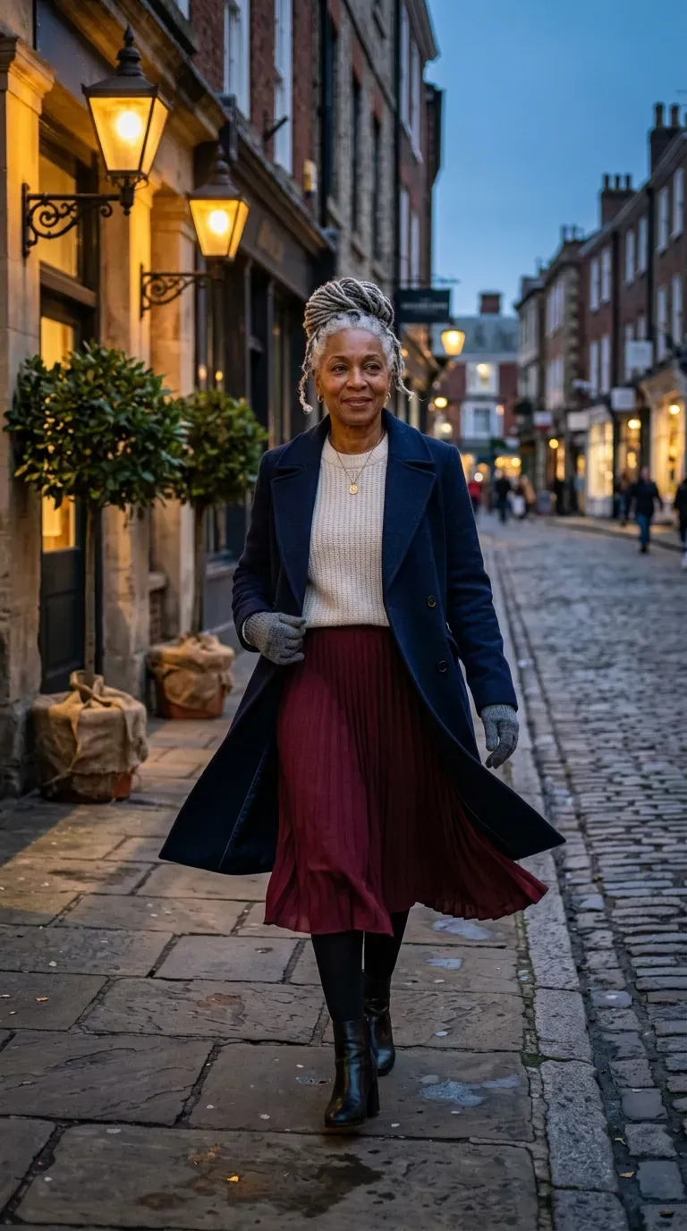 Woman in navy coat, cream sweater and burgundy pleated skirt on a lantern-lit street