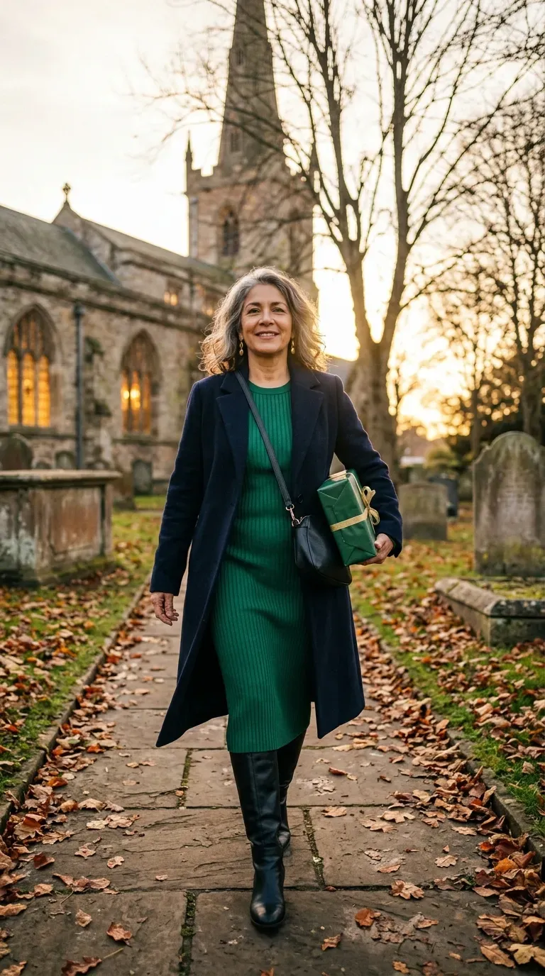 Latina woman in navy wool coat over emerald knit dress walking a leafy churchyard path