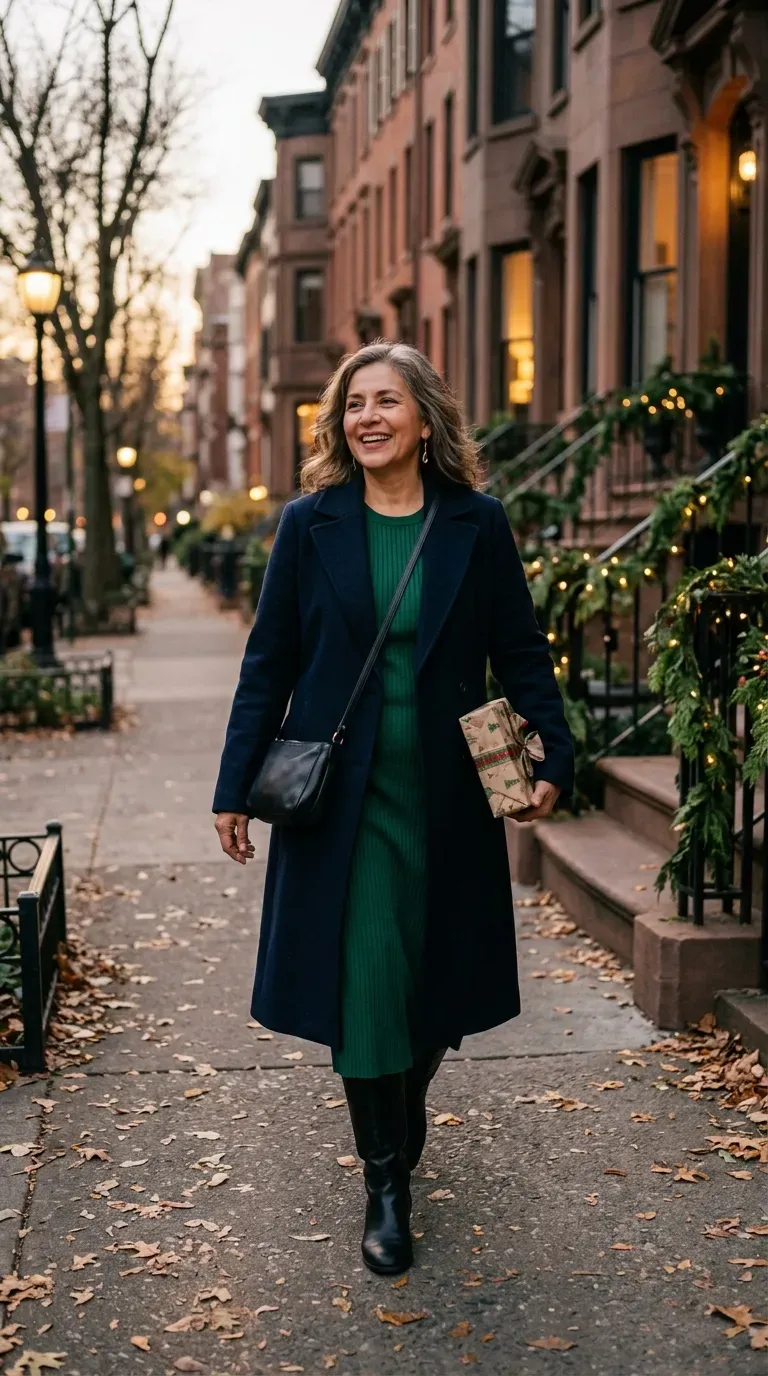 Latina woman in a navy wool coat over an emerald knit dress walking a leafy street