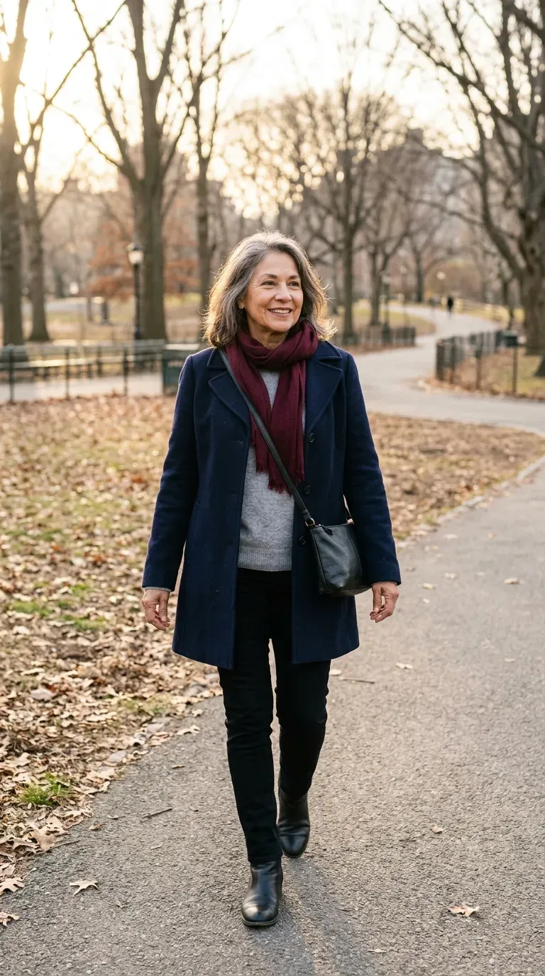 Latina woman in a navy wool coat, gray knit and black trousers walking a park path
