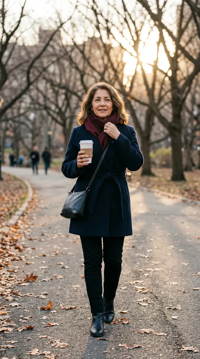 Brown-haired woman adjusting a burgundy scarf with a navy wrap coat and black trousers