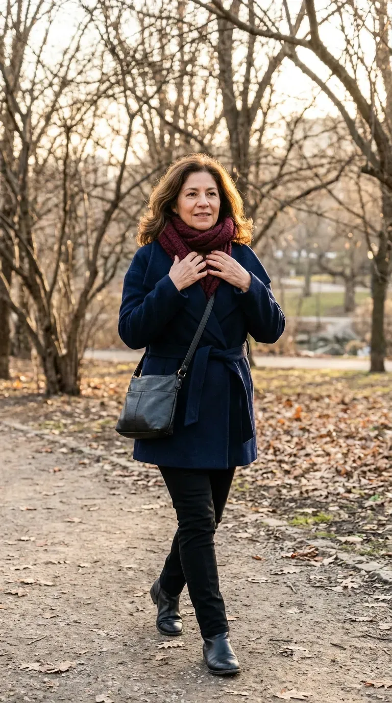 Brown-haired woman adjusting a burgundy scarf with a navy wrap coat and black trousers outdoors