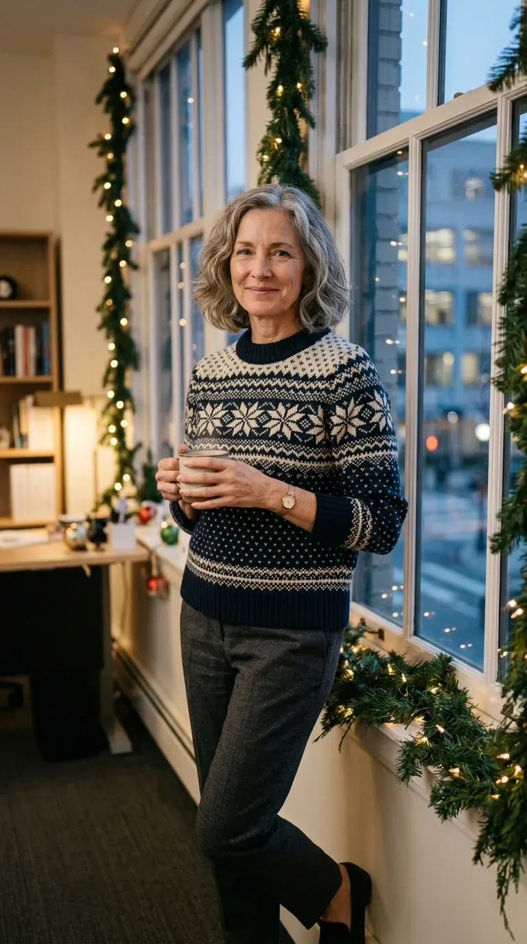 Woman over 50 in Nordic pattern sweater, charcoal trousers and loafers at a company party